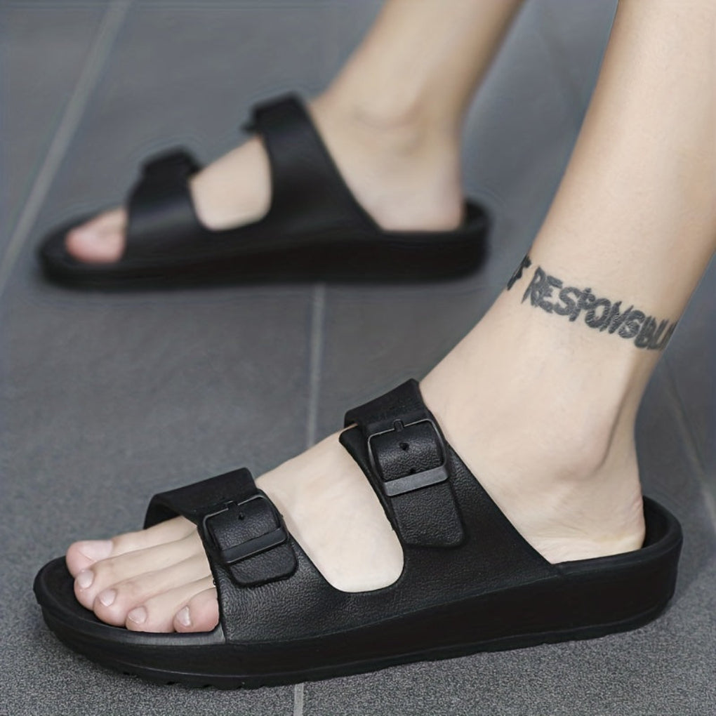 Men's fashion slides featuring a double buckle design, merging classic style with essential everyday comfort.