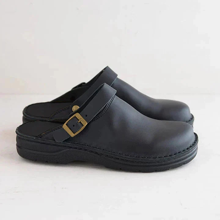 Brown men's orthopedic clog mules, adjustable buckle, ideal for casual wear & work support.