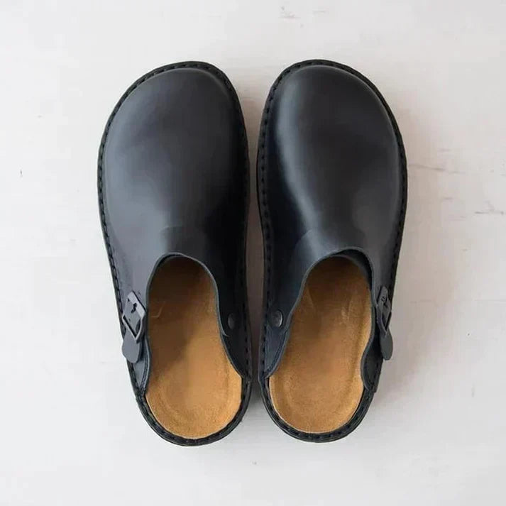 Stylish men's dark brown orthopedic clogs, mule design, with adjustable buckle for a custom comfortable fit.