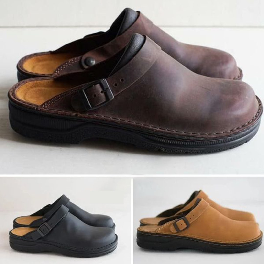 Men's versatile brown orthopedic clog mules, slip-on design, featuring an adjustable buckle for secure comfort.