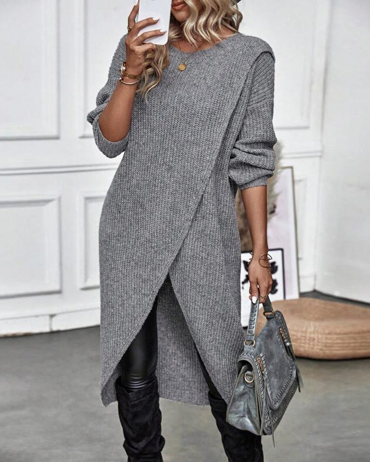 Women's asymmetrical tunic sweater, cozy knit, long sleeve, relaxed fit for fall/winter fashion.