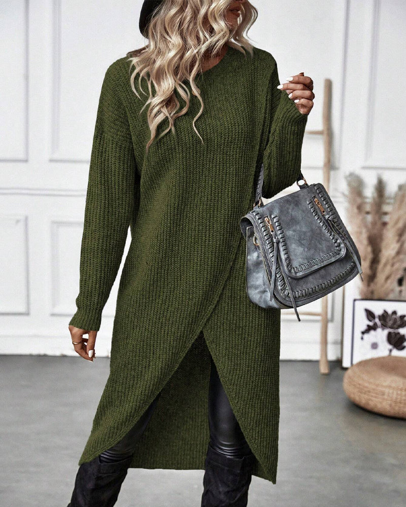 Women's long sleeve asymmetrical tunic, cozy knit, relaxed fit, modern casual wear.