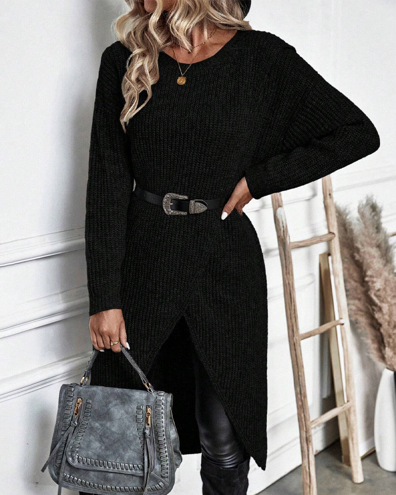 Chic women's asymmetrical long sleeve tunic sweater, soft knit, effortless casual elegance.