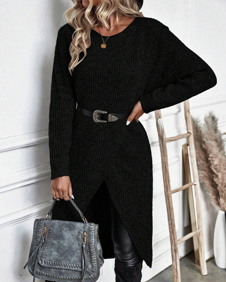 Chic women's asymmetrical long sleeve tunic sweater, soft knit, effortless casual elegance.