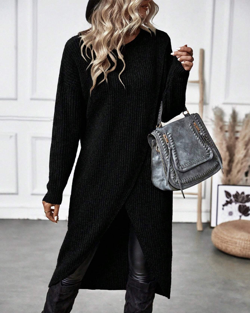 Women's fall fashion asymmetrical tunic sweater, long sleeve, cozy knit, relaxed and stylish.