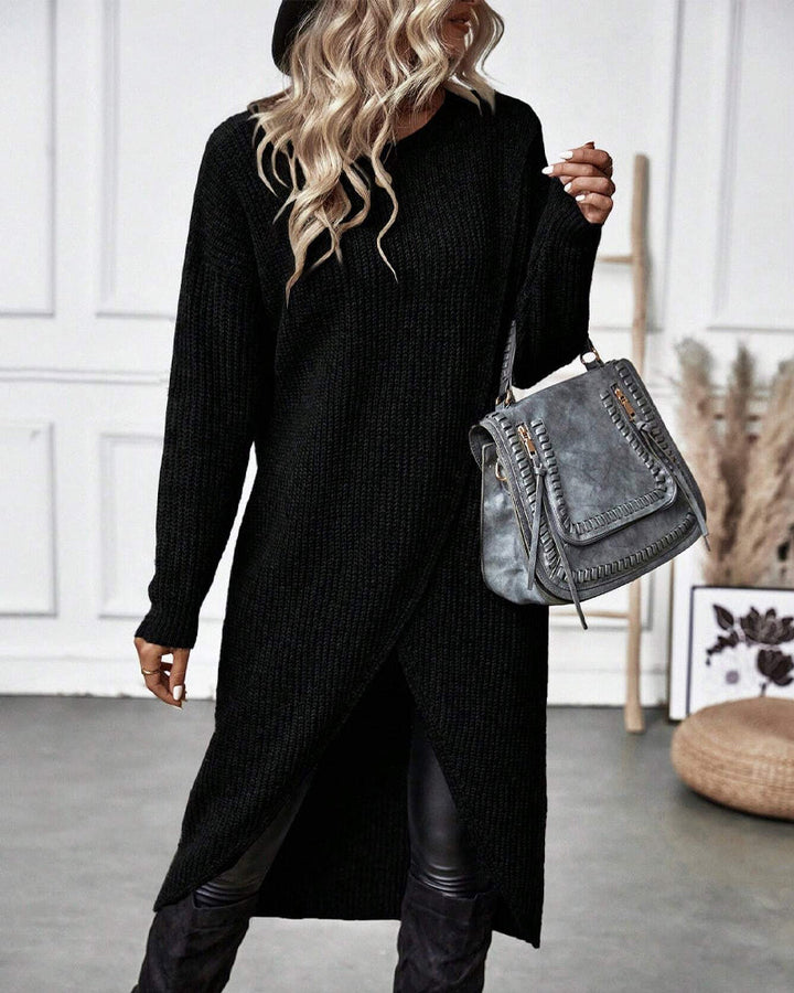 Women's fall fashion asymmetrical tunic sweater, long sleeve, cozy knit, relaxed and stylish.