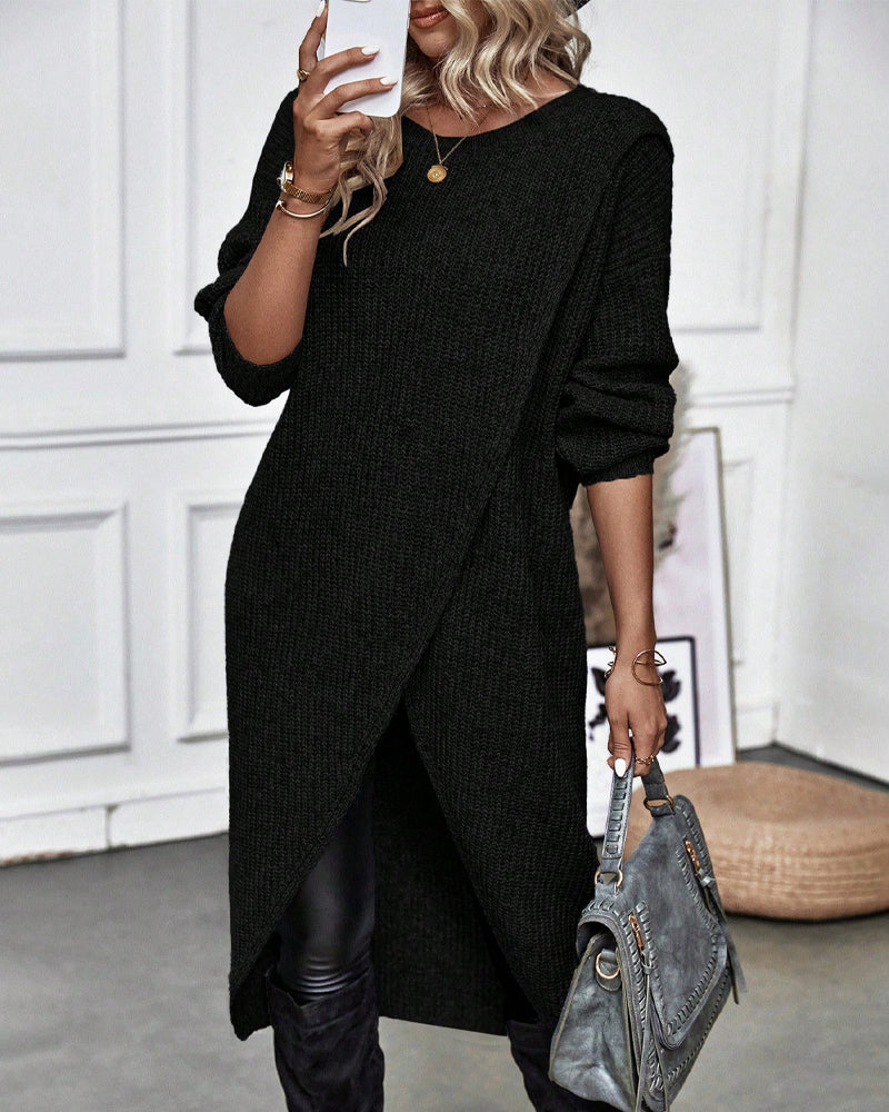 Women's casual elegant asymmetrical tunic sweater, long sleeve, cozy knit, relaxed fit.