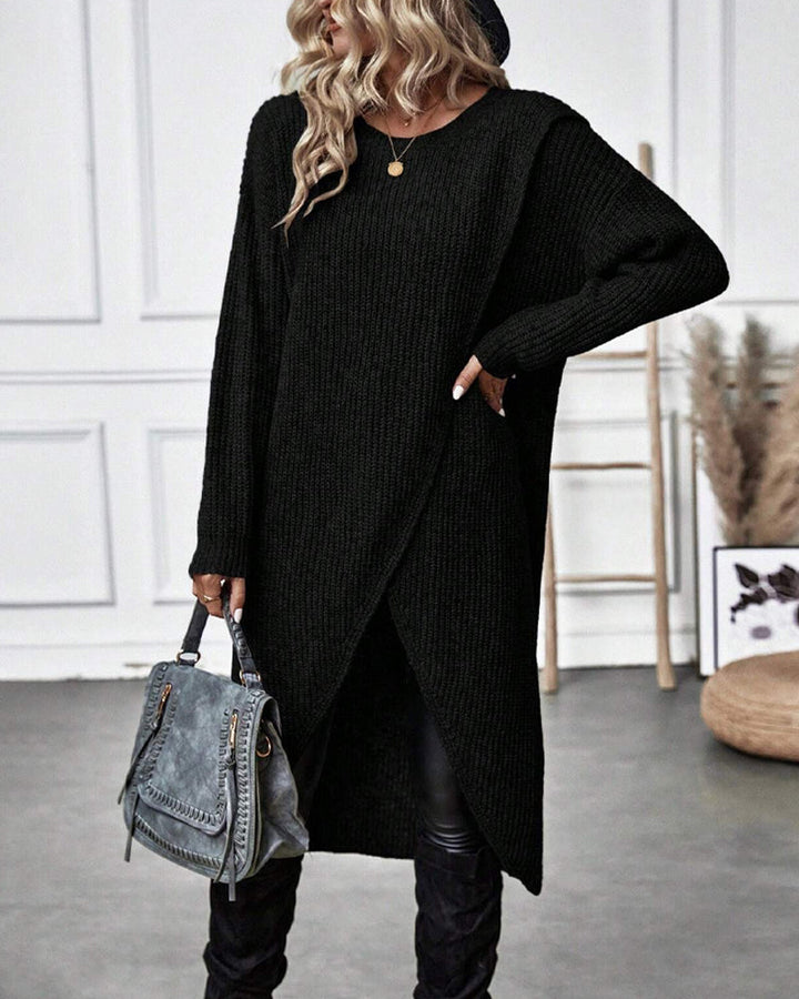 Modern women's asymmetrical tunic sweater, oversized, comfortable, perfect for casual elegant style.