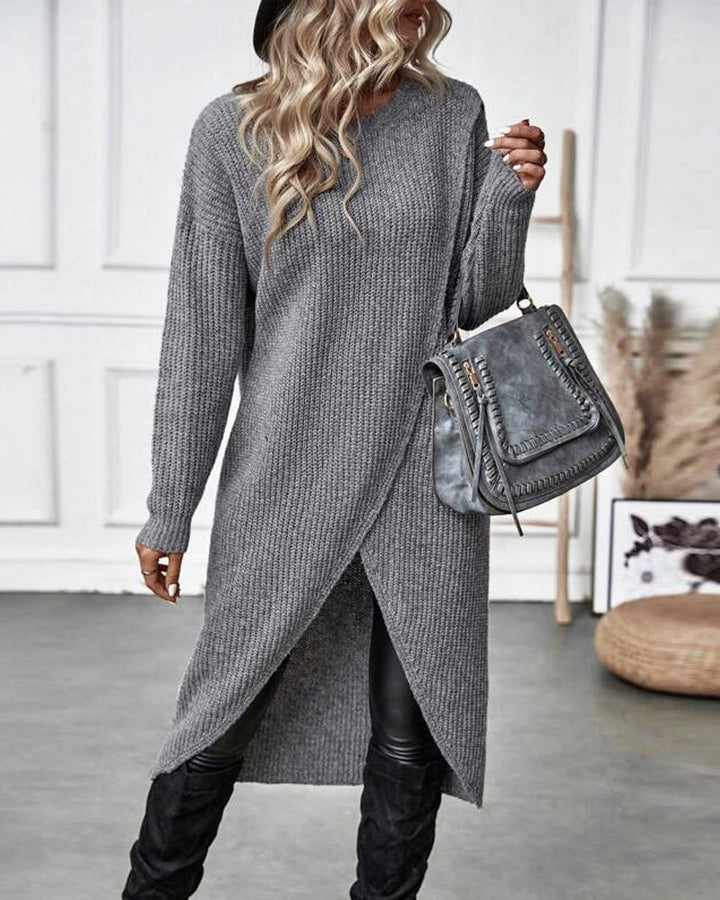 Relaxed fit women's tunic sweater with asymmetrical hem, cozy & modern for winter wear.