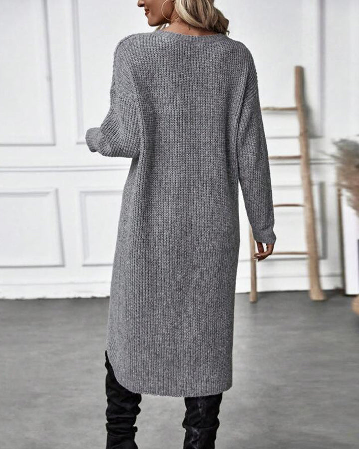 Cozy women's long sleeve asymmetrical tunic sweater, soft fabric, perfect for fall fashion.