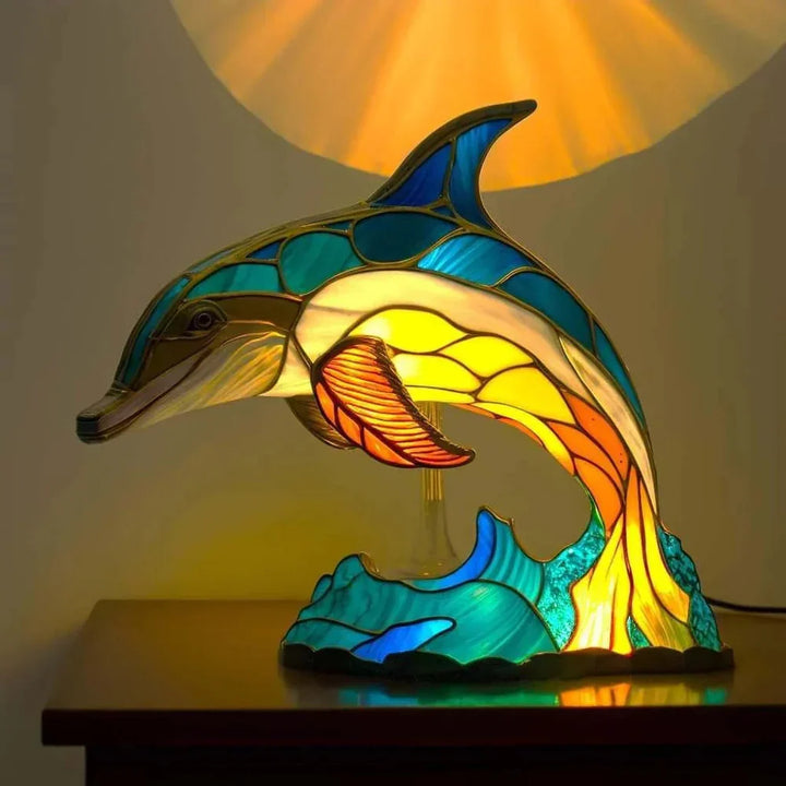 Owl stained glass lamp, artistic home decor accent light. Unique animal art table lamp for gifts.