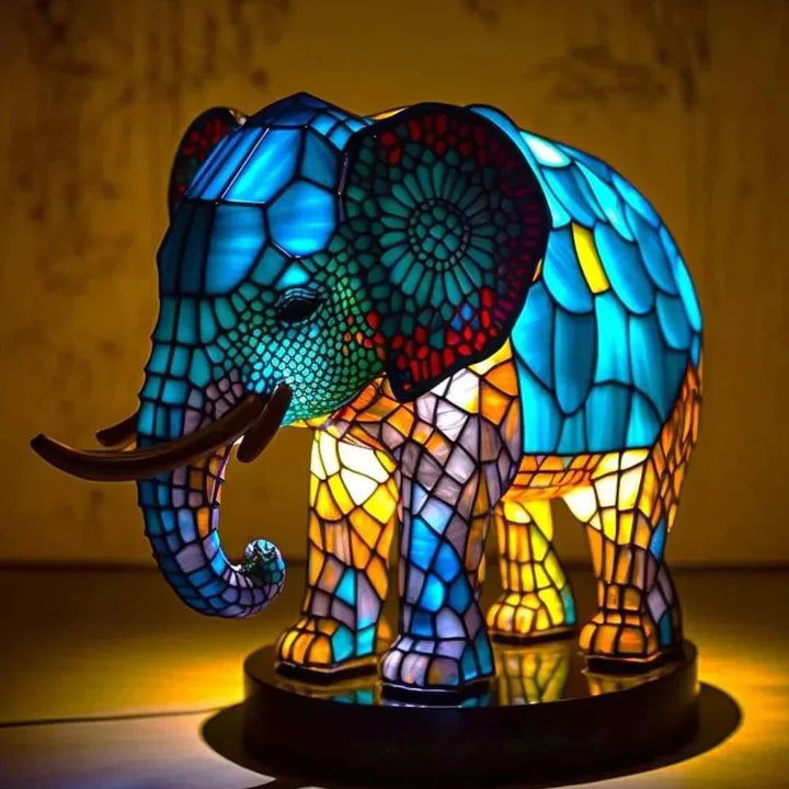 VitraFauna stained glass wolf lamp, an artistic home decor piece for ambient lighting.
