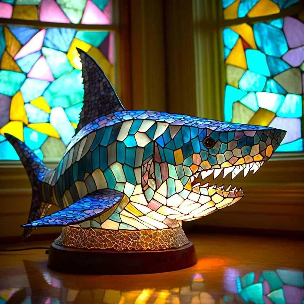 Fierce wolf stained glass lamp, artistic animal art for bold home decor accent lighting.