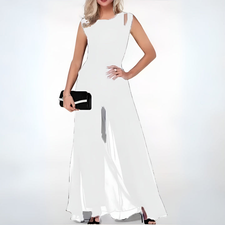 Fashionable women's sleeveless jumpsuit, designed with comfortable yet elegant wide flared legs for party attire.