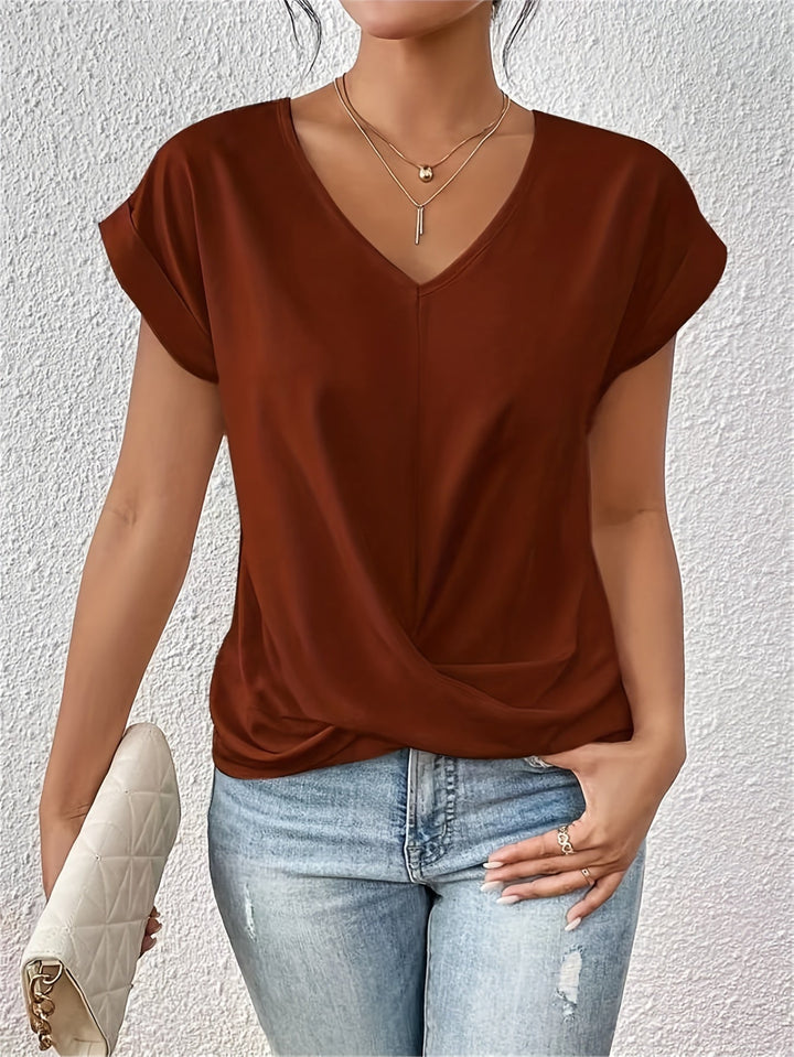 Comfortable women's V-neck short sleeve top. Soft fabric for relaxed everyday wear.