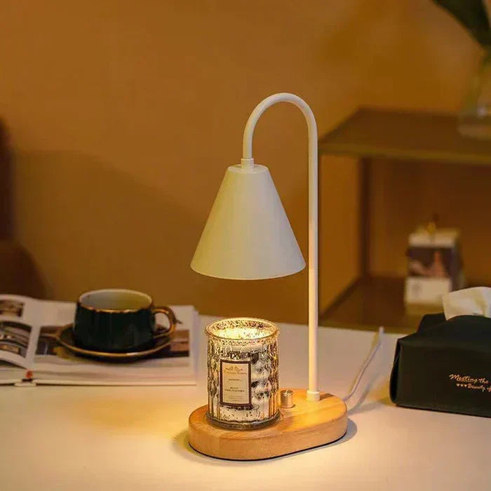 Stylish electric candle warmer lamp with a sleek wood base, perfect decorative light for any modern home interior.