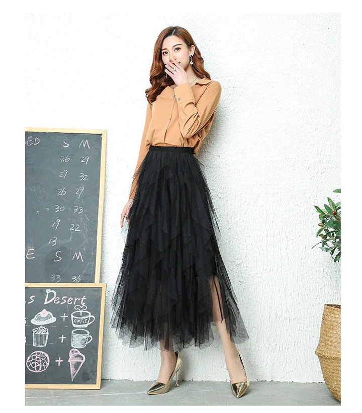 Chic women's tiered midi skirt, high-waisted with elegant ruffles, perfect for fashion.