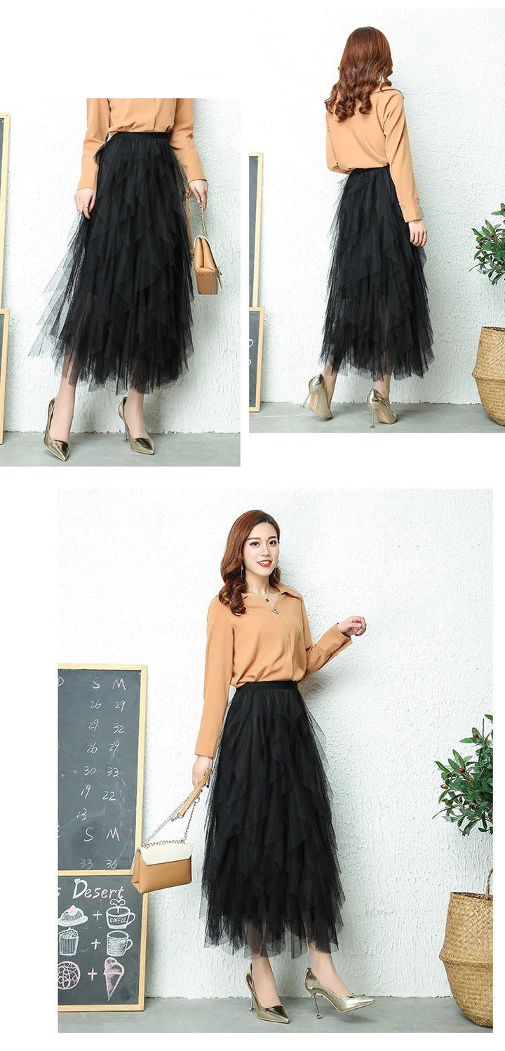Feminine high waist tiered midi skirt, versatile for special occasions and everyday elegance.
