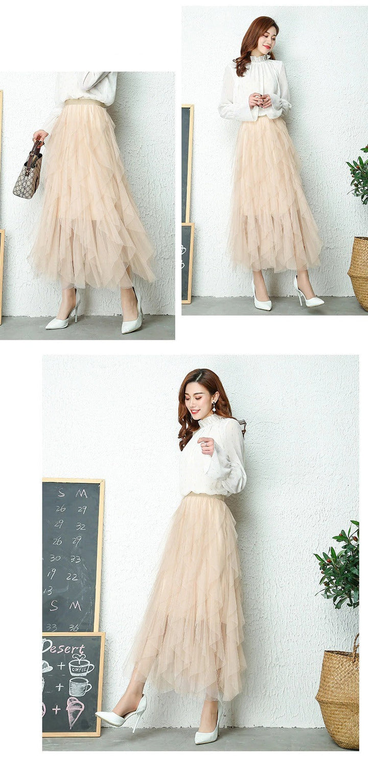 Ruffled high waist tiered midi skirt, elegant and versatile for women's fashion.