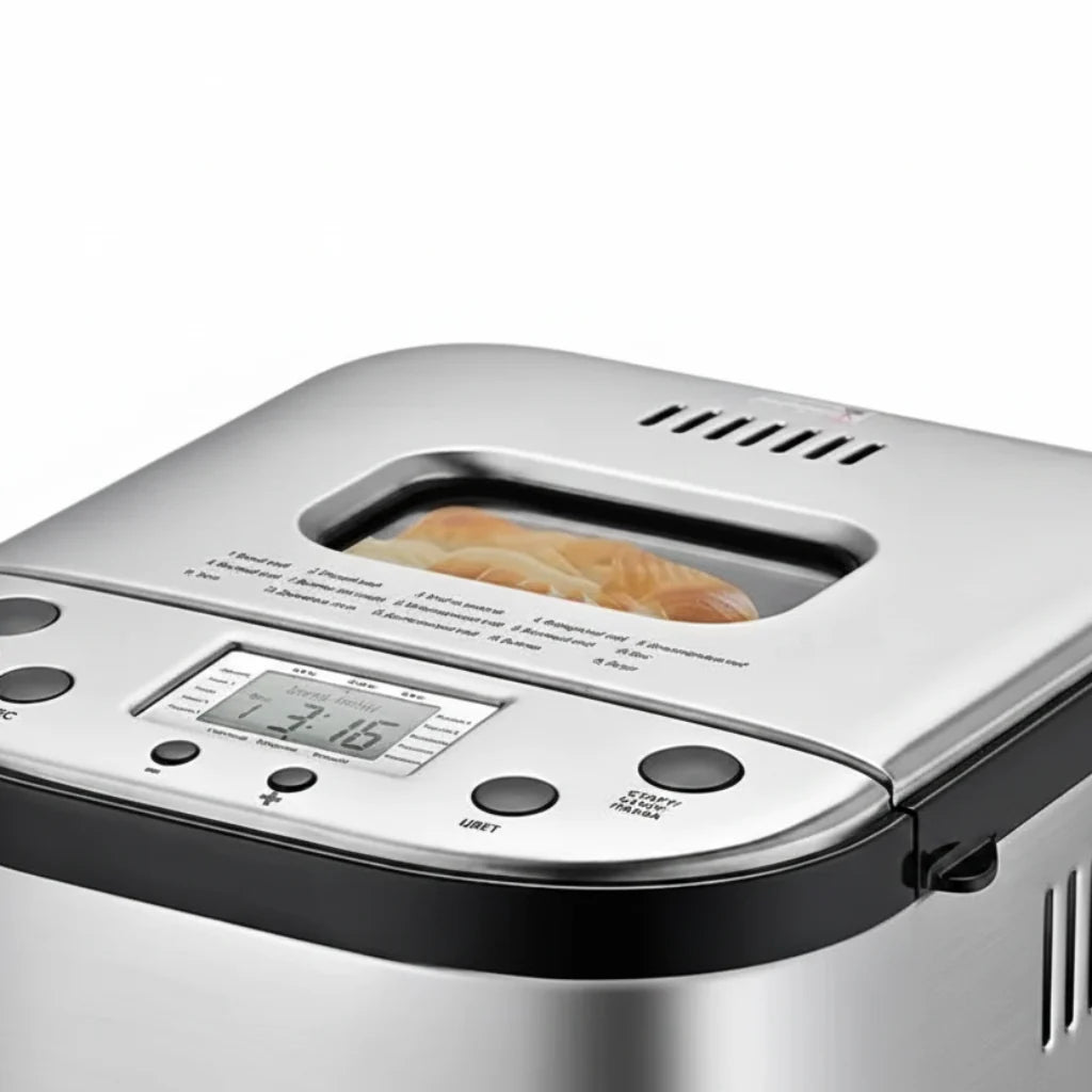 Modern automatic digital bread maker on a kitchen counter, ready for home baking. Essential kitchen appliance for fresh loaves.