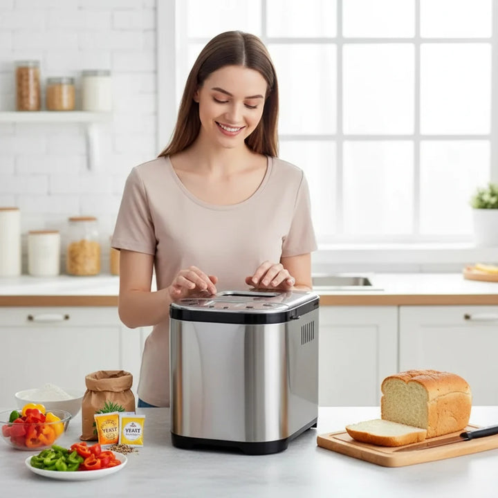 Easy-to-use automatic digital bread maker. Compact electric kitchen appliance for baking perfect fresh homemade bread.