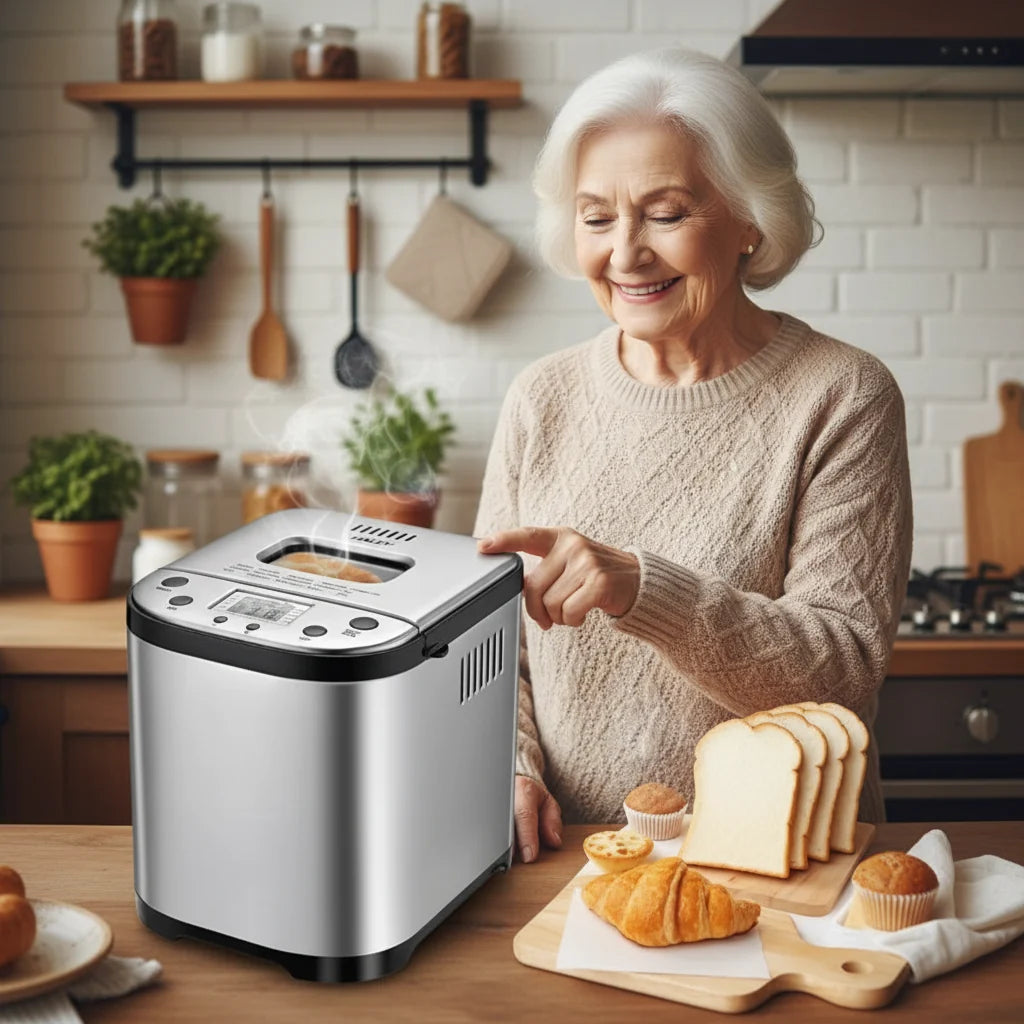 Digital automatic bread maker producing hot, fresh homemade bread. Perfect electric kitchen appliance for easy home baking.