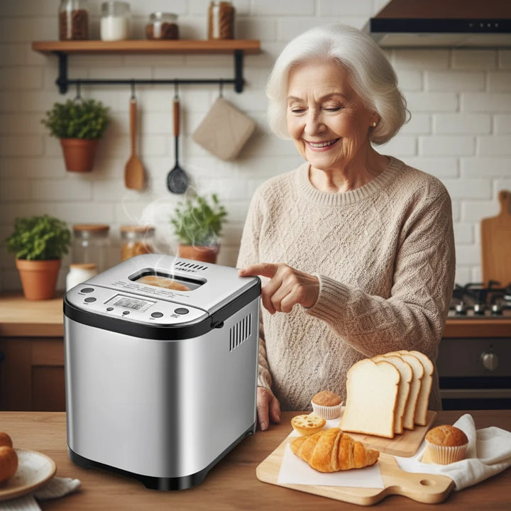 Digital automatic bread maker producing hot, fresh homemade bread. Perfect electric kitchen appliance for easy home baking.