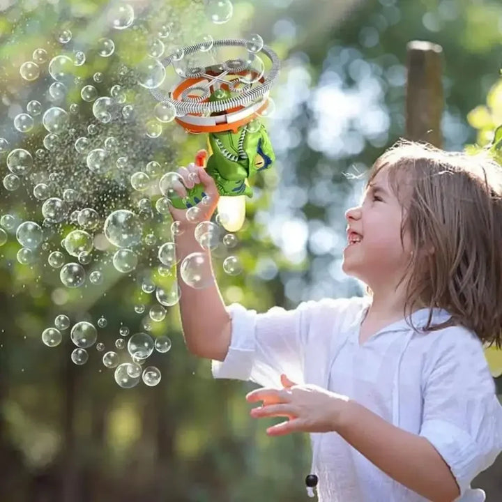 Automatic dinosaur bubble machine for kids' outdoor play, creating endless bubbles for garden fun.
