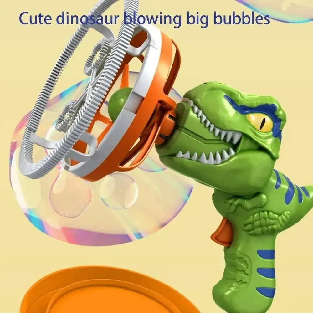 Children's dinosaur bubble maker, automatic and battery-operated for hours of outdoor active play fun. Perfect party toy.