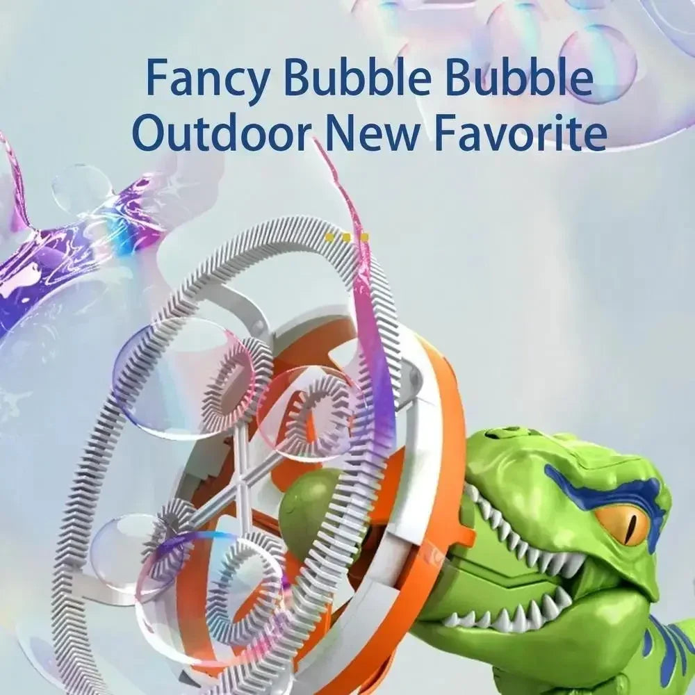 Vibrant dinosaur-themed automatic bubble machine, bringing joy to kids' outdoor play and garden parties. Battery operated.