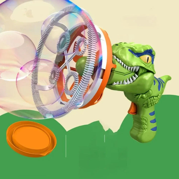 Kids' battery-operated dinosaur bubble machine, perfect for outdoor active play, parties, and garden fun.