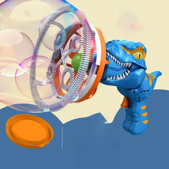 Roaring dinosaur automatic bubble machine, a fun garden toy for children's outdoor entertainment and active play.