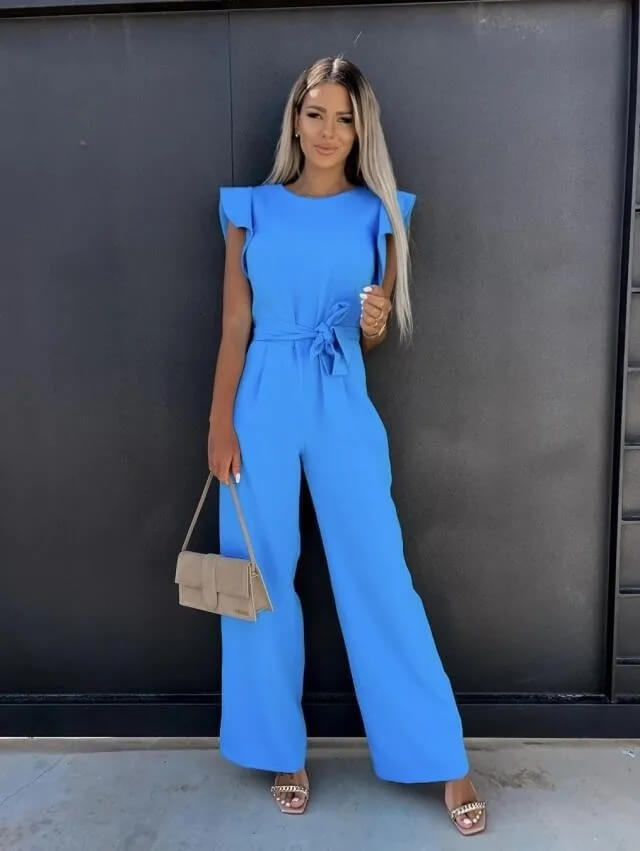 Fashionable women's wide leg jumpsuit with playful ruffle sleeves and a stylish belted waist. Summer essential.
