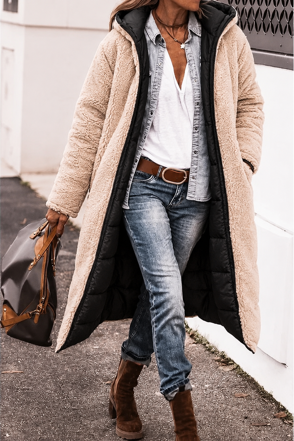 Black women's reversible fur winter coat, offering versatile cold weather protection and style.