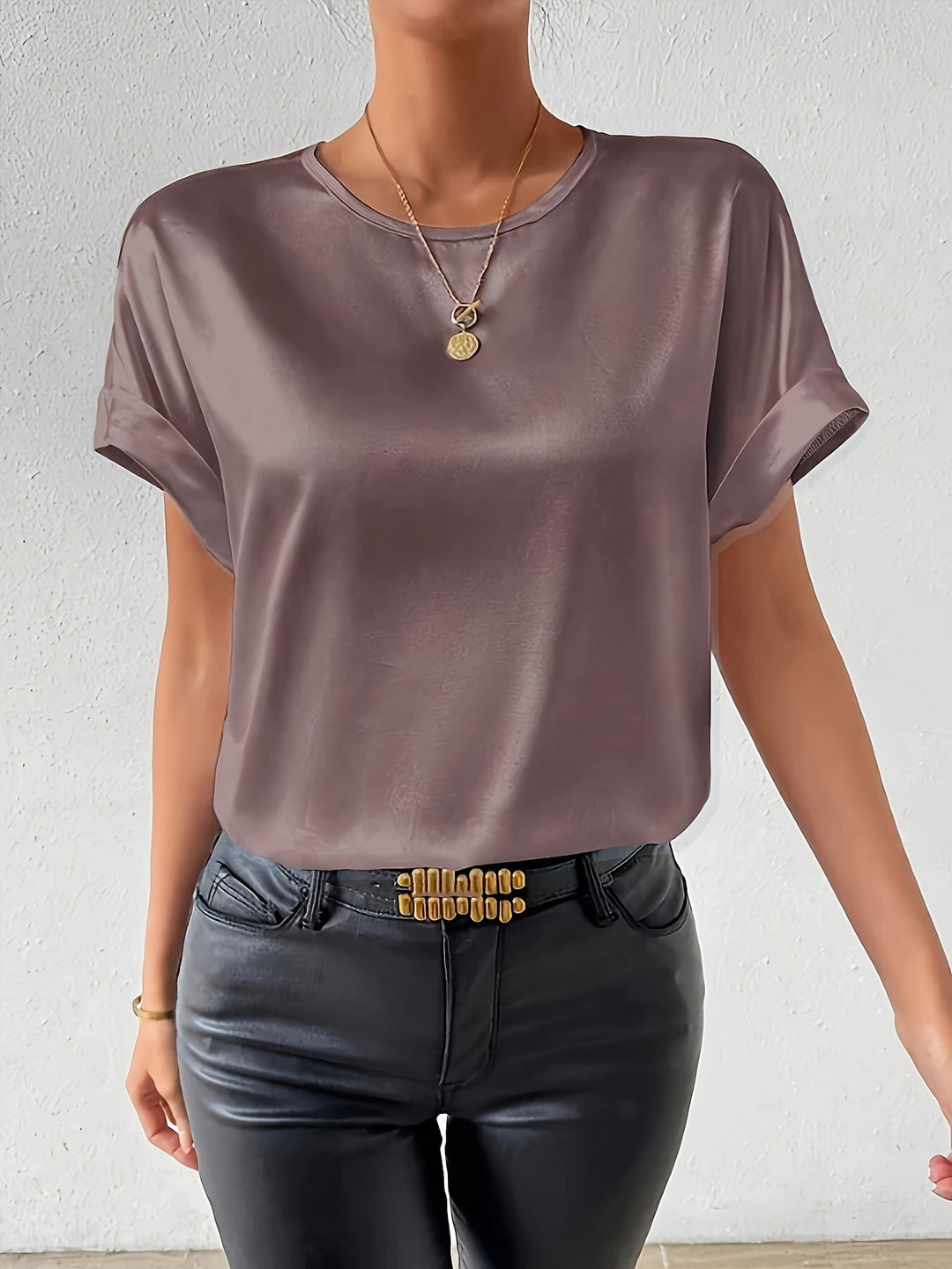 Purple elegant women's short sleeve satin blouse, ideal for summer fashion.