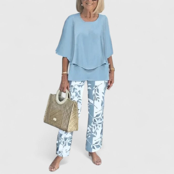Sophisticated charcoal grey women's two-piece set. Elegant, versatile summer fashion, relaxed fit.