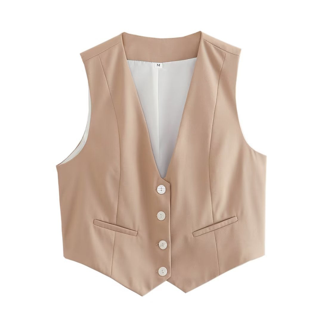 Structured women's vest in a neutral tone, ideal for elegant office or casual styling.