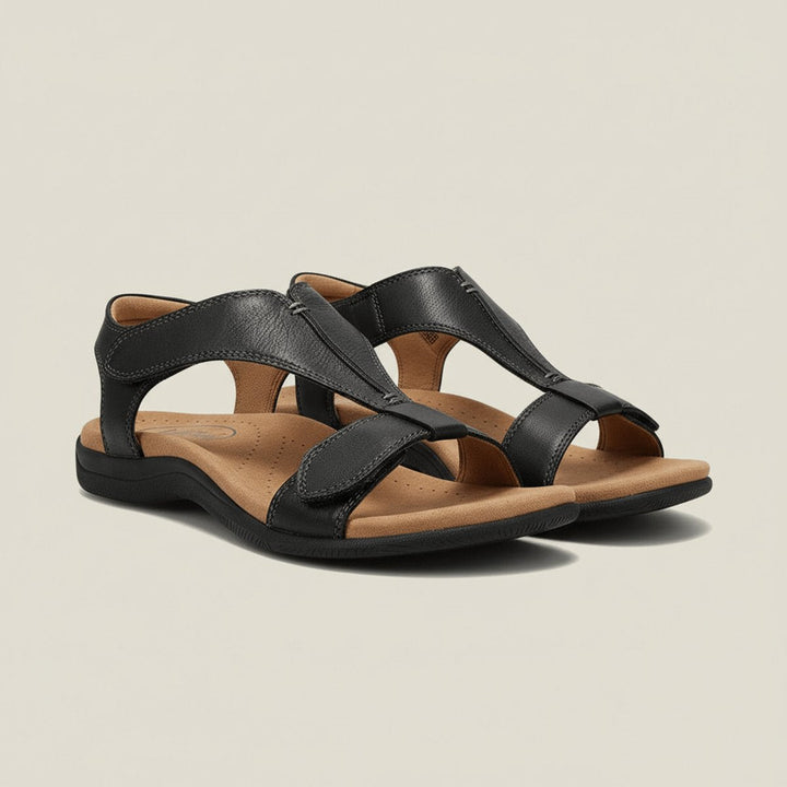 Women's comfort T-strap sandals, versatile for casual wear and travel, with adjustable hook-and-loop.