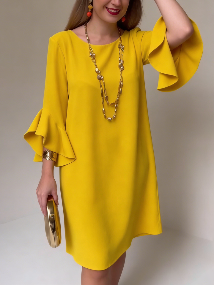 Elegant women's shift dress with ruffle bell sleeves, perfect for cocktail parties & evening wear.