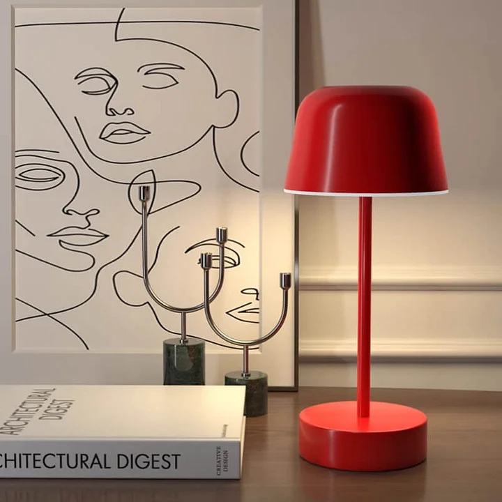 Sleek rechargeable metal table lamp with dimmable LED light, ideal for accent lighting.