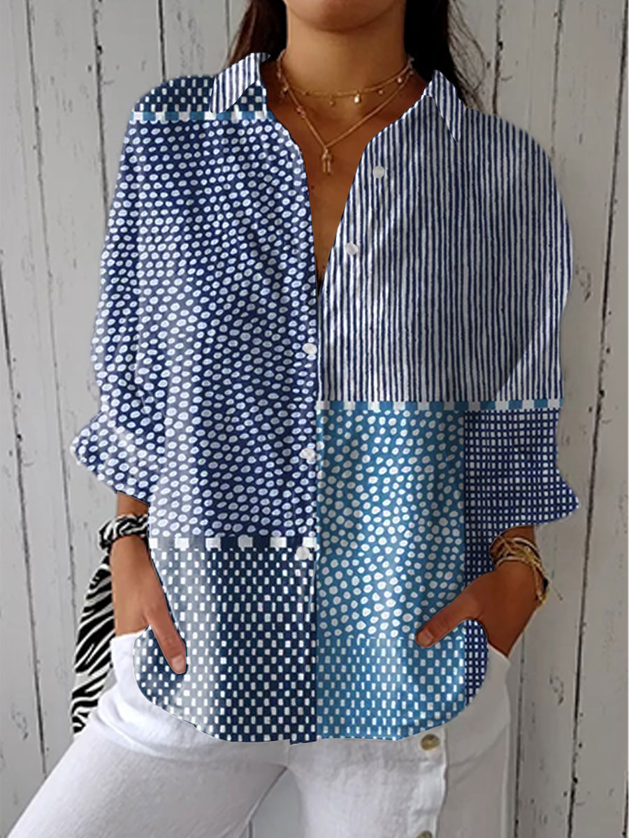 Women's blue ocean patchwork print blouse, button-down, relaxed fit. Perfect for casual coastal summer wear.
