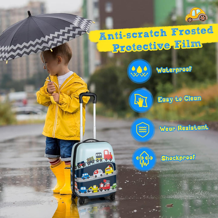 Complete children's travel gear: helicopter-themed hard-shell suitcase & matching backpack for young explorers.