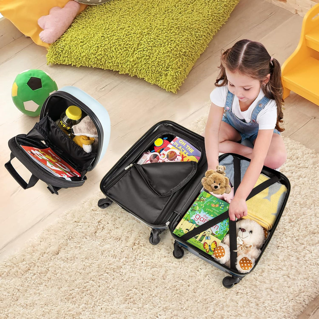 Bright blue children's backpack with helicopter design. Ideal for school or complementing travel gear.