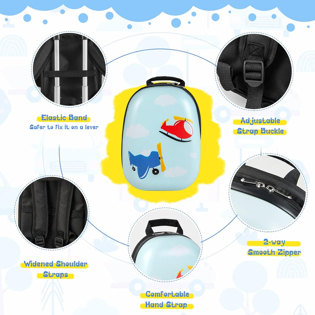 Adorable helicopter hard-shell luggage and backpack set for children, with easy-roll spinner wheels.