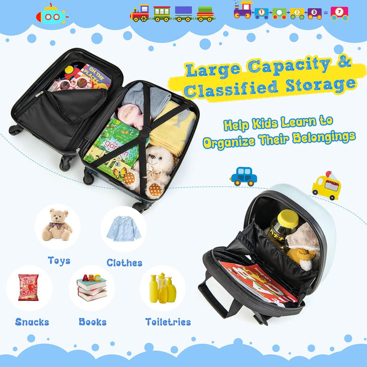Side view of children's hard-shell suitcase with helicopter art, featuring sturdy spinner wheels. Kids' travel.