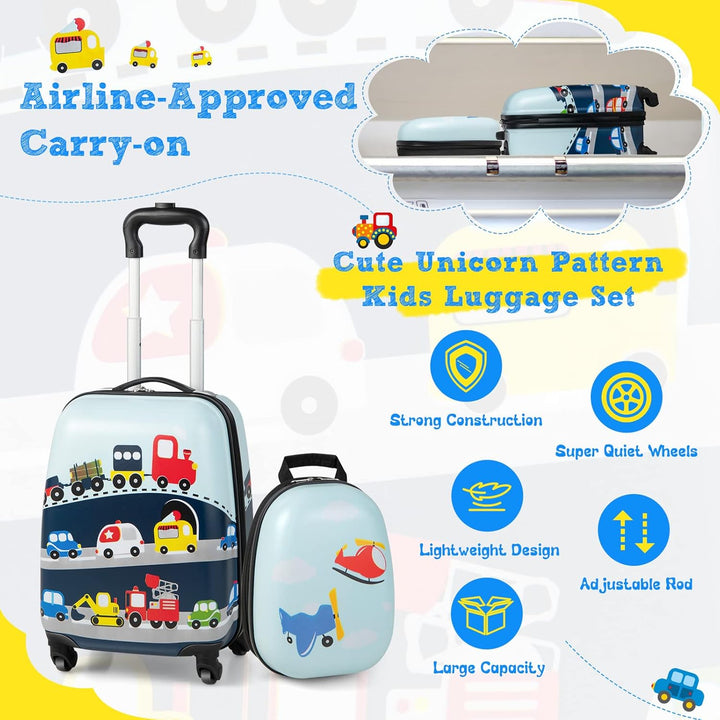 Durable hard-shell children's luggage and backpack with vibrant helicopter pattern. Ready for adventures.