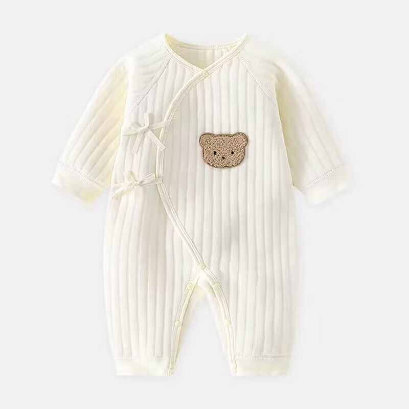 Warm baby bear romper for autumn & spring. Cute infant clothing with easy snap closures for cozy comfort.