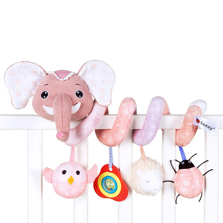 Cute Baby Spiral Sensory Plush Toy. Car seat & stroller activity toy to stimulate infant development.