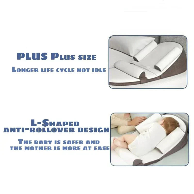Baby side sleeper wedge pillow placed securely in a crib, offering safe positioning for infant sleep & anti-reflux.