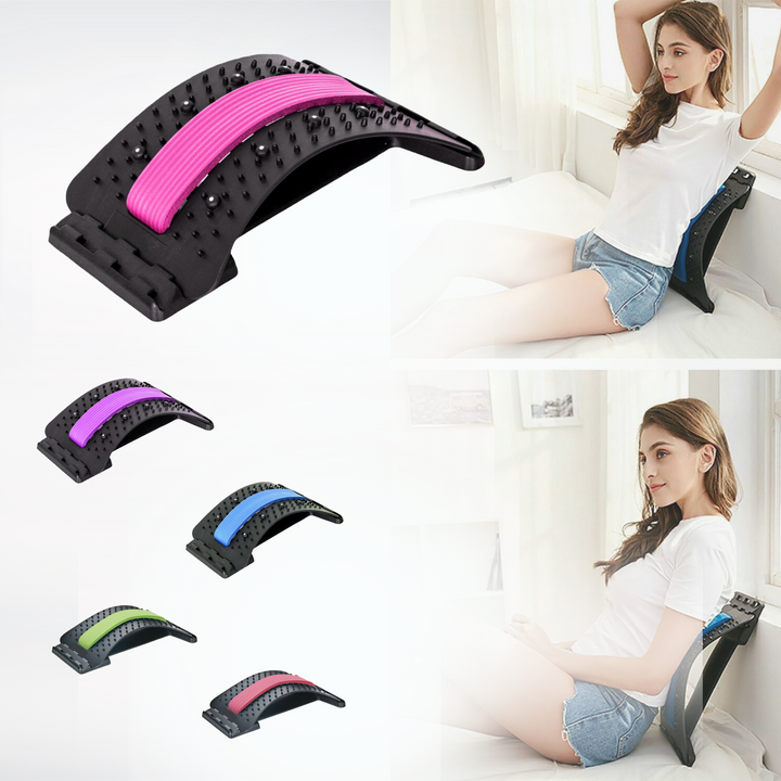 Unisex adjustable back relief stretcher for lumbar pain, spine decompression, and posture correction.